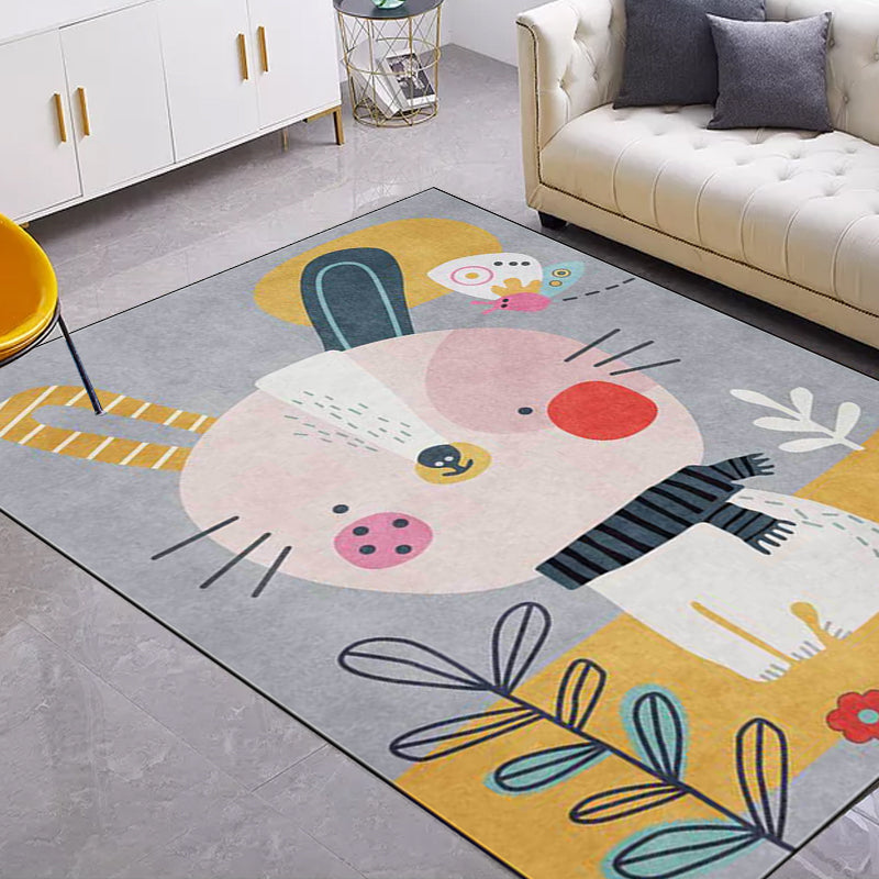 Stornfield | Casual Kids' Rug in Grey with Floral Rabbit Animal and Leaf Pattern Polyester, Washable and Pet-Friendly Rug for Kids' Room