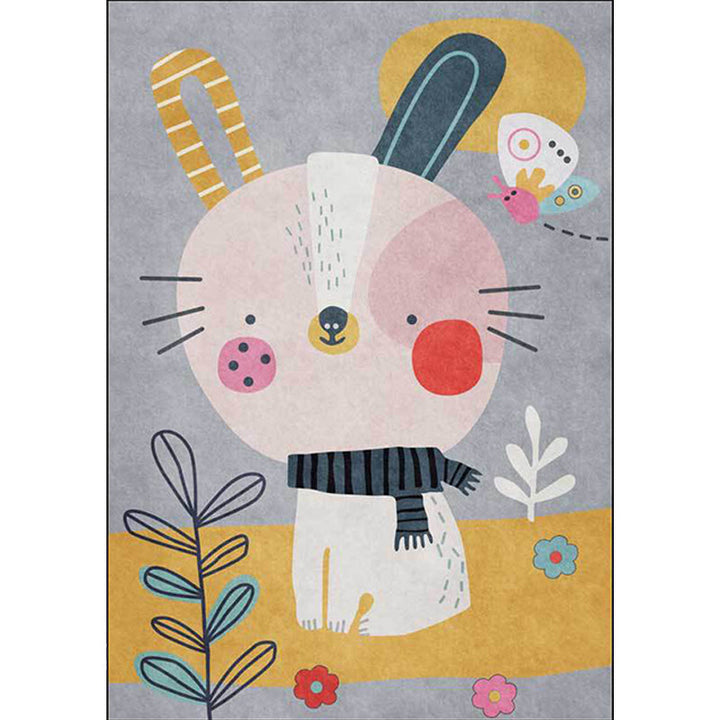 Stornfield | Casual Kids' Rug in Grey with Floral Rabbit Animal and Leaf Pattern Polyester, Washable and Pet-Friendly Rug for Kids' Room