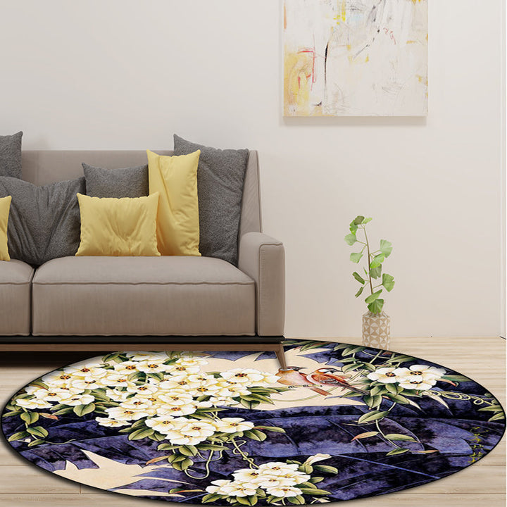 Stornfield | Traditional Floral Pattern Polyester Rug with Birds and Leaves Purple and White, Machine Washable, Non-Slip Rug for Living Room