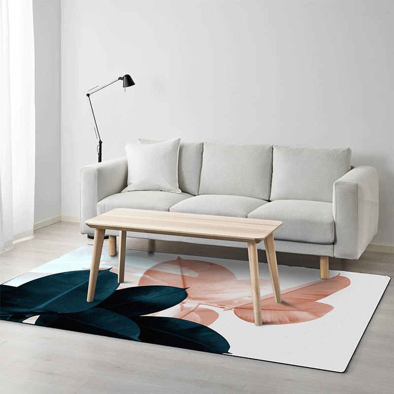 Stornfield | Dark Blue Simple Leaf Pattern Mat Washable Polyester Oriental Rug with Non-Slip Backing Living Room Rug