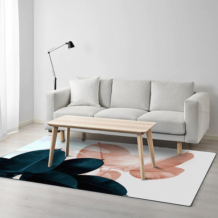 Stornfield | Dark Blue Simple Leaf Pattern Mat Washable Polyester Oriental Rug with Non-Slip Backing Living Room Rug