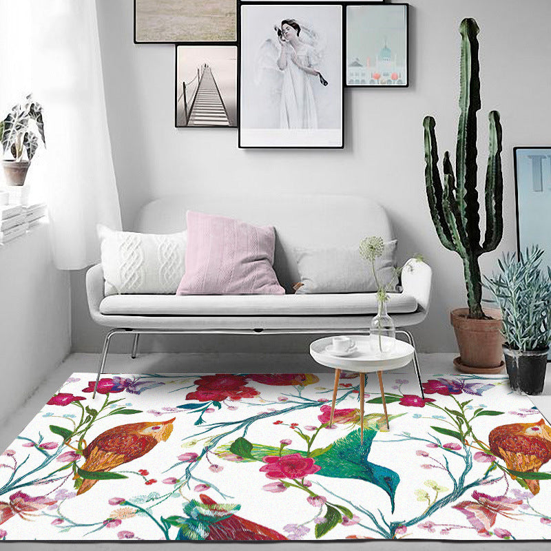 Stornfield | Retro Bird Pattern Carpet with Flowers and Leaves White Oriental Washable Polyester Rug with Non-Slip Backing Floor Mat for Bedroom