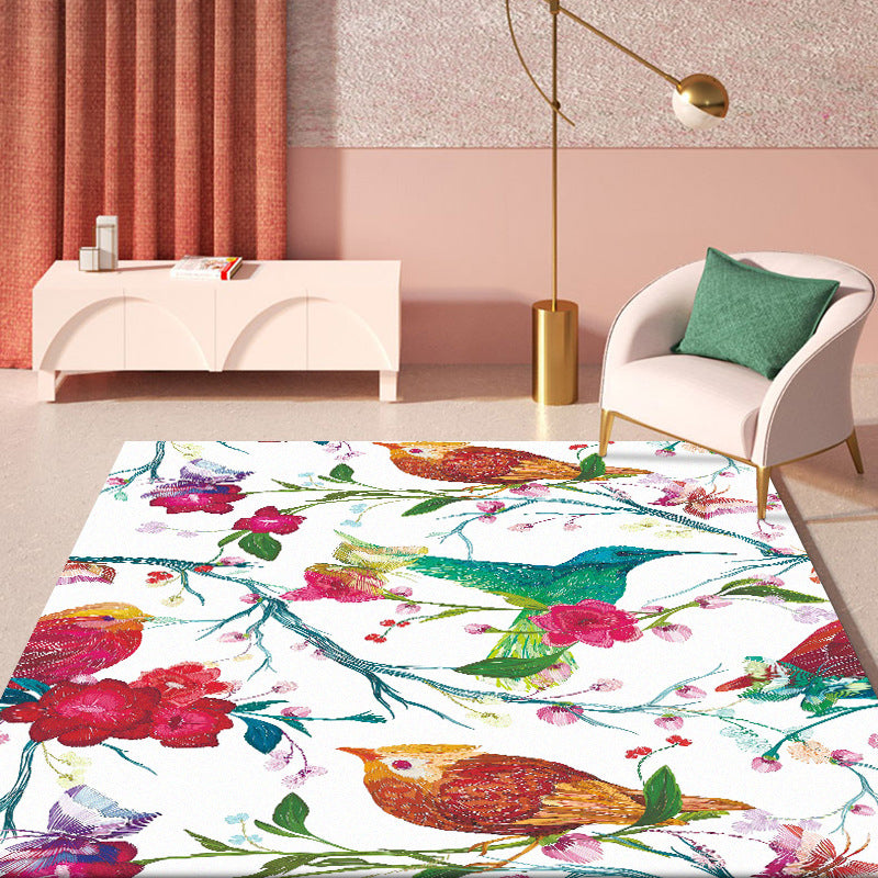 Stornfield | Retro Bird Pattern Carpet with Flowers and Leaves White Oriental Washable Polyester Rug with Non-Slip Backing Floor Mat for Bedroom