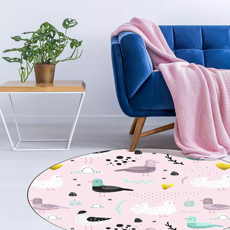 Stornfield | Pink Children's Bedroom Rug with Bird Leaf Animal Pattern, Washable Non-Slip Polyester
