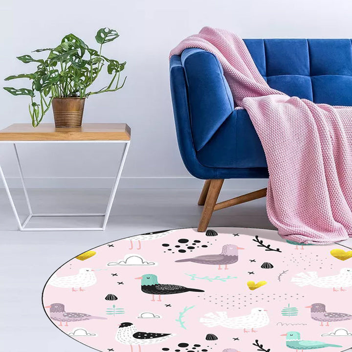 Stornfield | Pink Children's Bedroom Rug with Bird Leaf Animal Pattern, Washable Non-Slip Polyester