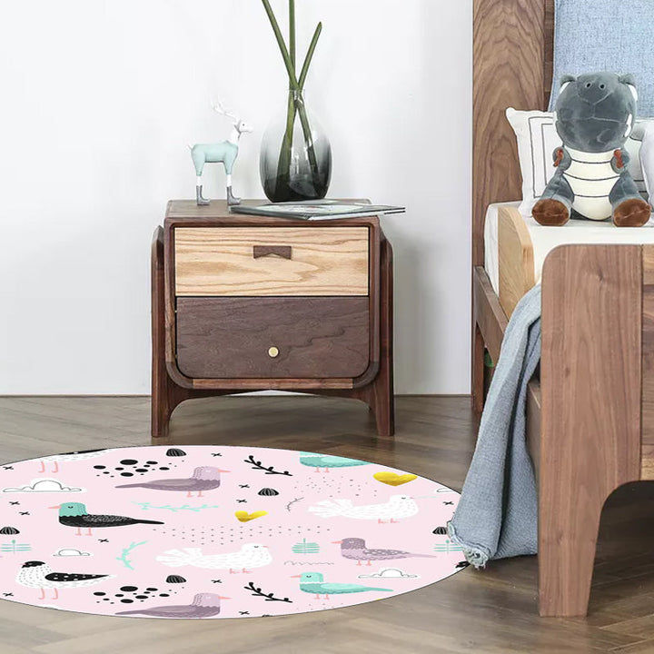 Stornfield | Pink Children's Bedroom Rug with Bird Leaf Animal Pattern, Washable Non-Slip Polyester