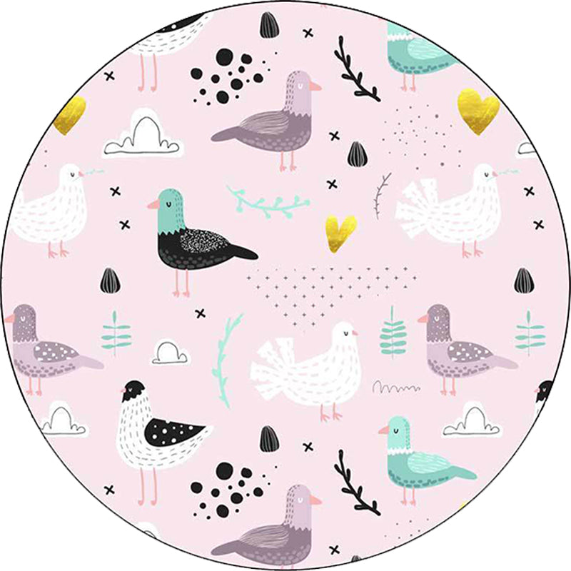 Stornfield | Pink Children's Bedroom Rug with Bird Leaf Animal Pattern, Washable Non-Slip Polyester