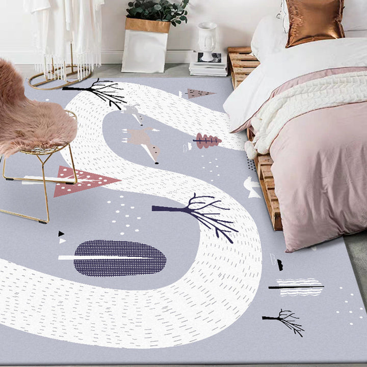 Stornfield | Grey Children's Bedroom Rug with Cars, Roads, Fox and Tree Pattern Stain-Resistant Polyester Area Rug