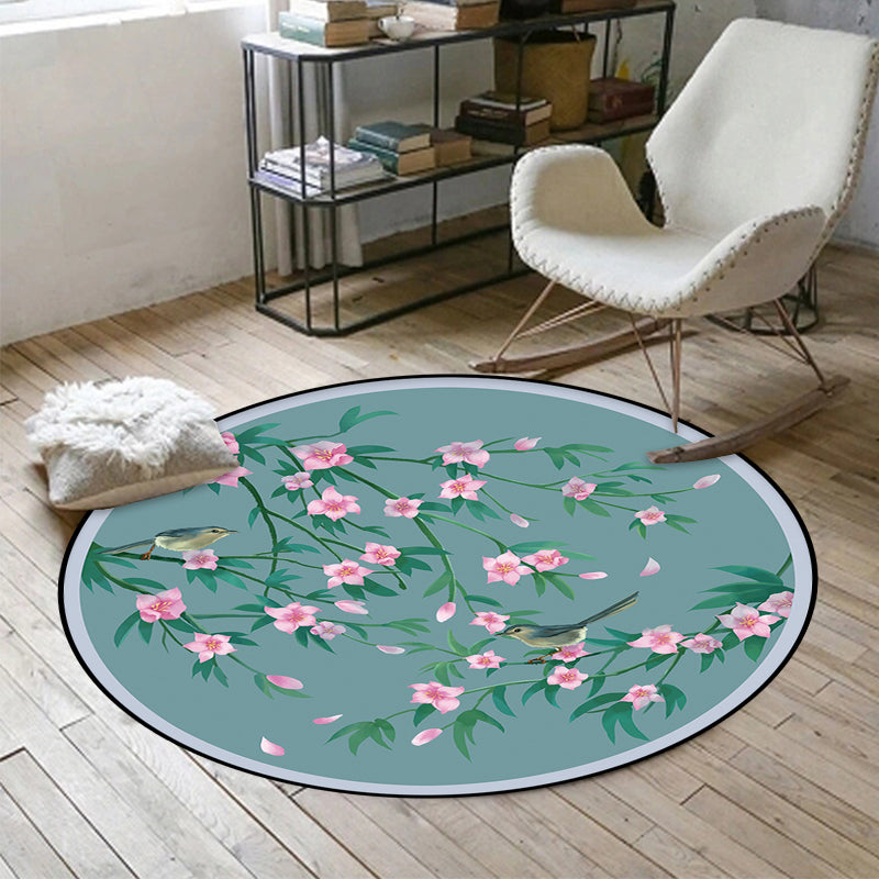 Stornfield | Retro Floral Pattern Rug with Bird and Leaf Oriental Blue Polyester Washable Non-Slip Backing Rug for Living Room