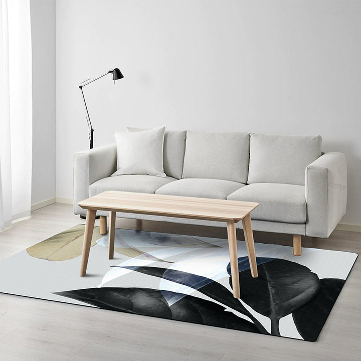 Stornfield | Black and White Oriental Polyester Leaf Pattern Rug Washable Carpet with Non-Slip Backing for Living Room