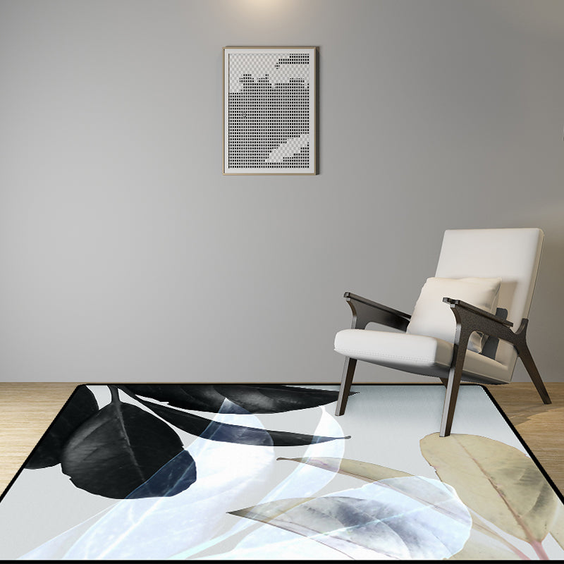Stornfield | Black and White Oriental Polyester Leaf Pattern Rug Washable Carpet with Non-Slip Backing for Living Room