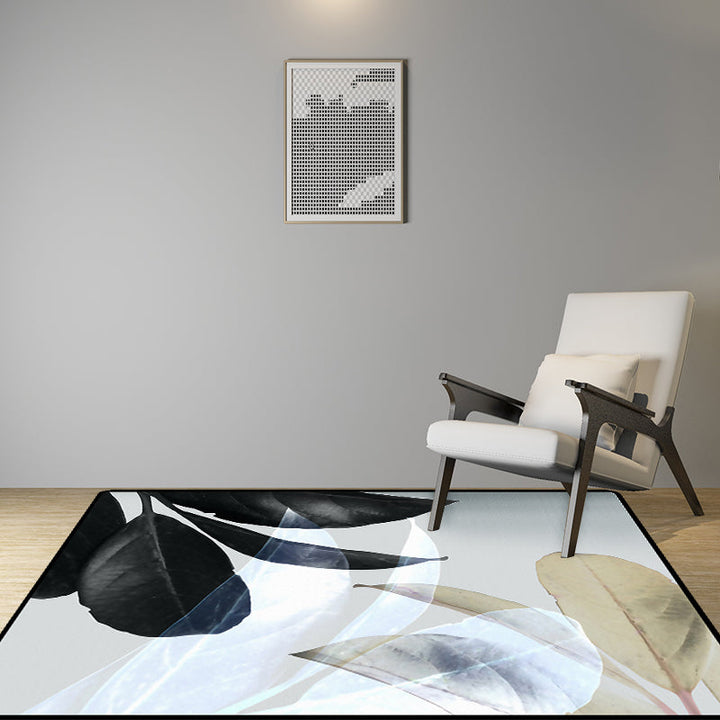 Stornfield | Black and White Oriental Polyester Leaf Pattern Rug Washable Carpet with Non-Slip Backing for Living Room