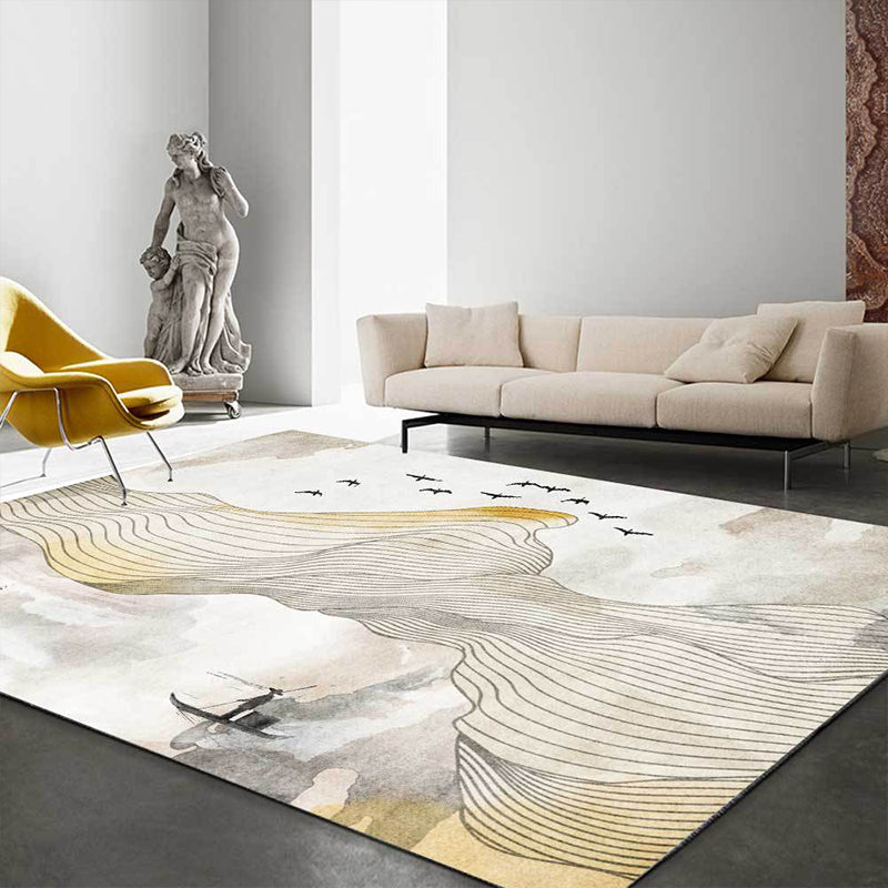 Stornfield | Yellow Vintage Swirl Striped Pattern Polyester Rug with Bird and Character, Machine Washable, Non-Slip Mat for Bedroom