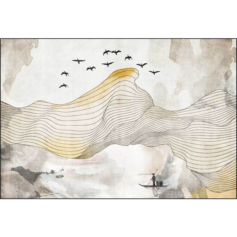 Stornfield | Yellow Vintage Swirl Striped Pattern Polyester Rug with Bird and Character, Machine Washable, Non-Slip Mat for Bedroom