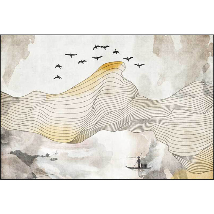 Stornfield | Yellow Vintage Swirl Striped Pattern Polyester Rug with Bird and Character, Machine Washable, Non-Slip Mat for Bedroom