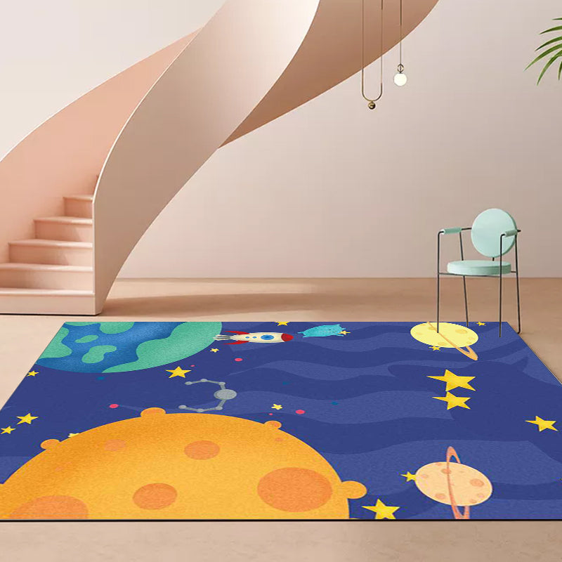 Stornfield | Purple Kids Bedroom Rug Starry Planet Space Pattern Airplane Non-Slip Polyester Rug