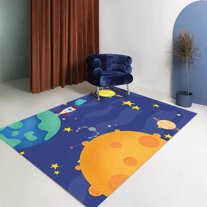 Stornfield | Purple Kids Bedroom Rug Starry Planet Space Pattern Airplane Non-Slip Polyester Rug