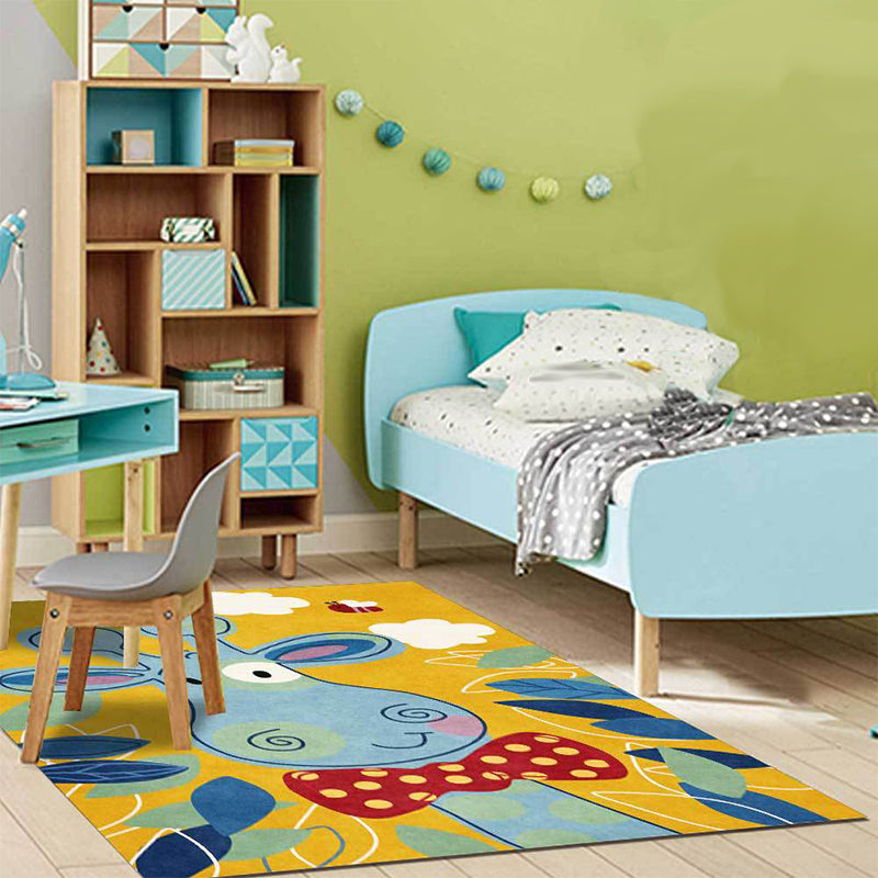 Stornfield | Kids' Bedroom Rug in Blue and Yellow Animal Pattern Giraffe Cloud Leaf Washable Polyester Rug