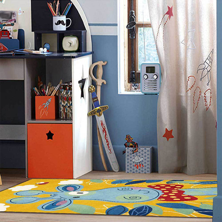 Stornfield | Kids' Bedroom Rug in Blue and Yellow Animal Pattern Giraffe Cloud Leaf Washable Polyester Rug