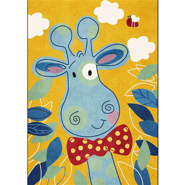 Stornfield | Kids' Bedroom Rug in Blue and Yellow Animal Pattern Giraffe Cloud Leaf Washable Polyester Rug