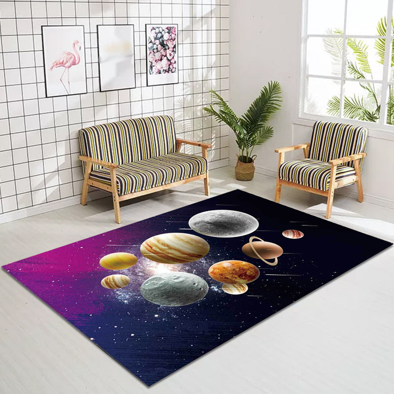 Stornfield | Kids' Bedroom Rug in Black and Purple Space Galaxy Planet Print Polyester Machine Washable Rug