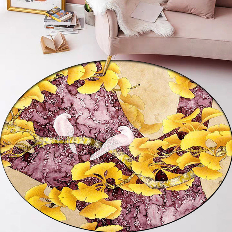 Stornfield | Apricot Leaf Pattern Retro Rug with Yellow and Pink Bird Non-Slip Washable Polyester Traditional Rug for Bedroom