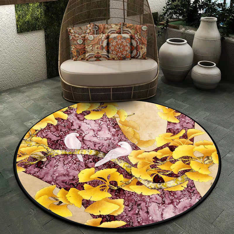 Stornfield | Apricot Leaf Pattern Retro Rug with Yellow and Pink Bird Non-Slip Washable Polyester Traditional Rug for Bedroom