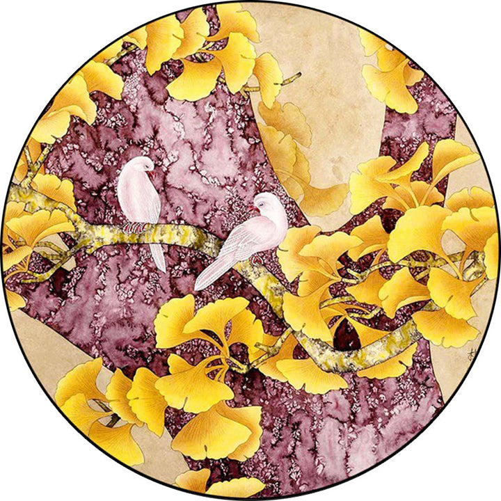 Stornfield | Apricot Leaf Pattern Retro Rug with Yellow and Pink Bird Non-Slip Washable Polyester Traditional Rug for Bedroom