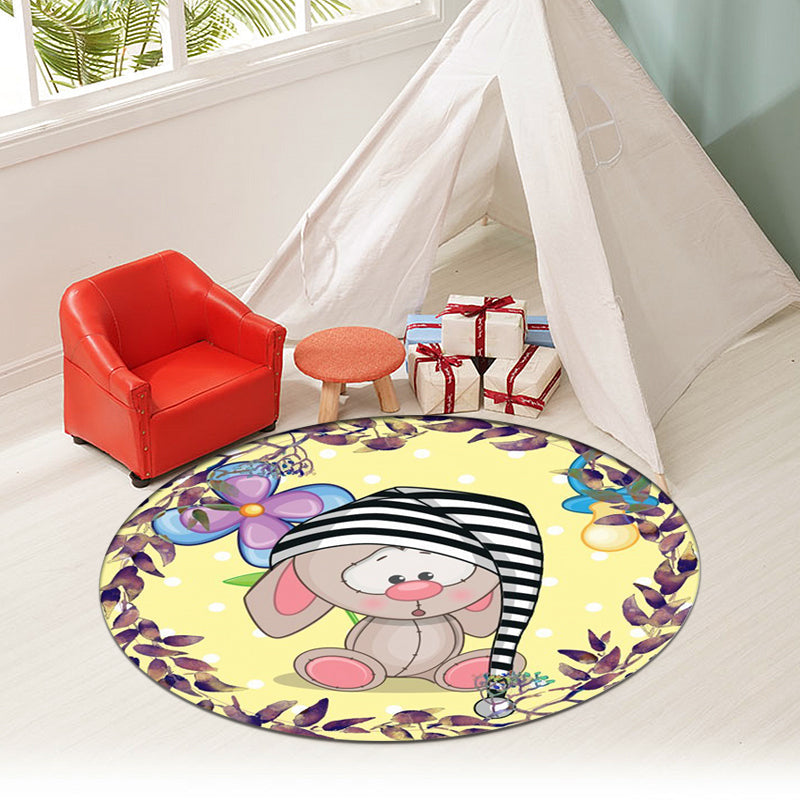 Stornfield | Cute Cartoon Mouse Pattern Rug with Flower and Leaf Design Yellow Polyester Washable Anti-Slip Children's Rug for Kids Room