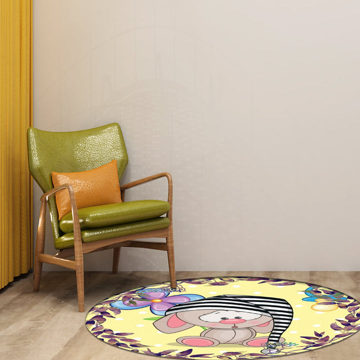 Stornfield | Cute Cartoon Mouse Pattern Rug with Flower and Leaf Design Yellow Polyester Washable Anti-Slip Children's Rug for Kids Room