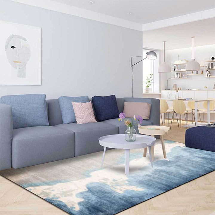 Stornfield | Brown and Blue Polyester Oriental Rug with Washable Ink Painting Design, Non-Slip Bedroom Mat