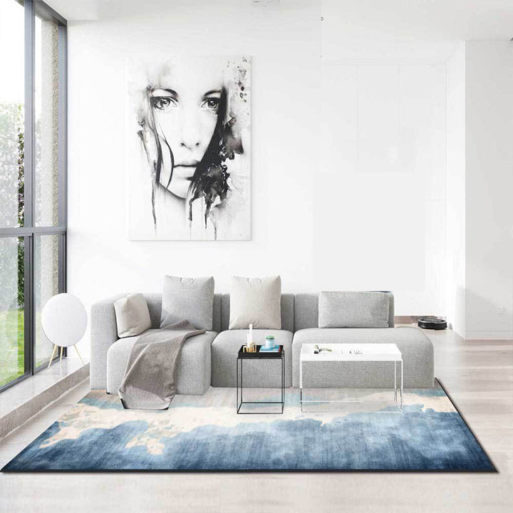 Stornfield | Brown and Blue Polyester Oriental Rug with Washable Ink Painting Design, Non-Slip Bedroom Mat