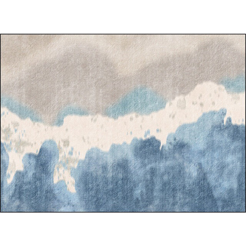 Stornfield | Brown and Blue Polyester Oriental Rug with Washable Ink Painting Design, Non-Slip Bedroom Mat