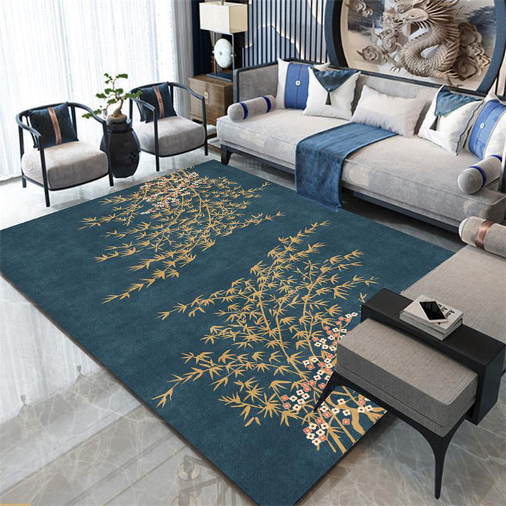 Stornfield | Navy Blue Retro Leaf Pattern Rug Washable Oriental Polyester Anti-Slip Bedroom Rug