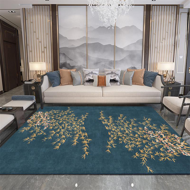Stornfield | Navy Blue Retro Leaf Pattern Rug Washable Oriental Polyester Anti-Slip Bedroom Rug