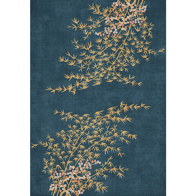 Stornfield | Navy Blue Retro Leaf Pattern Rug Washable Oriental Polyester Anti-Slip Bedroom Rug