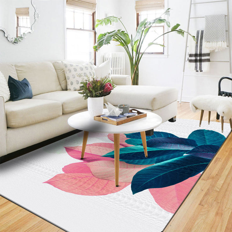Stornfield | Traditional Blue and Pink Leaf Pattern Rug Machine Washable Polyester Rug Non-Slip Bedroom Rug