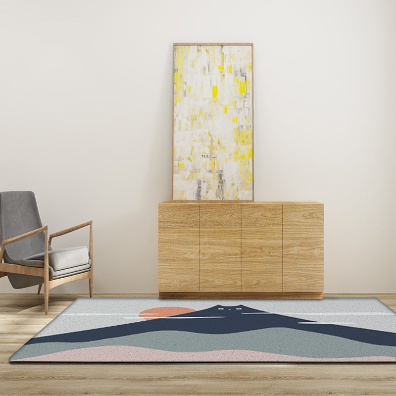 Stornfield | Green and Grey Kids Vinyl Rug with Cat Mountain Print, Washable, Anti-Slip Backing for Nursery