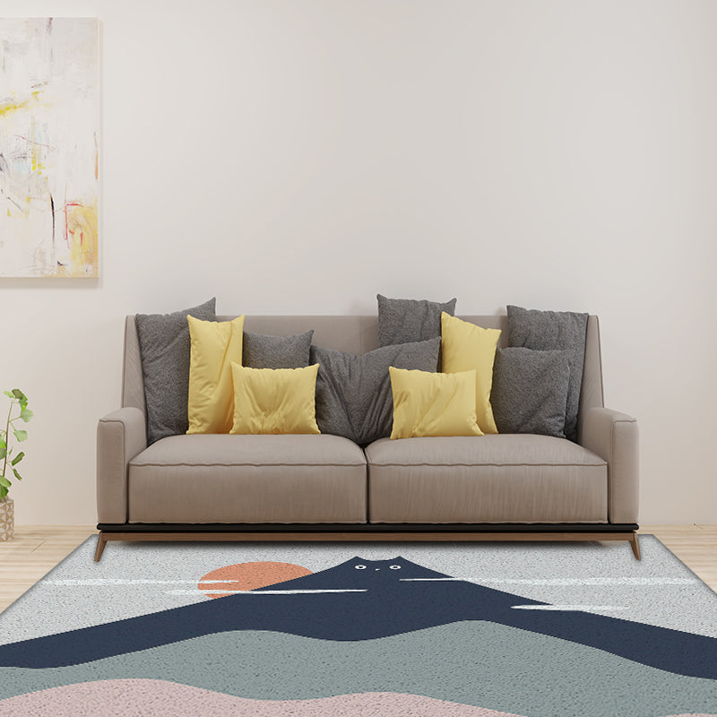 Stornfield | Green and Grey Kids Vinyl Rug with Cat Mountain Print, Washable, Anti-Slip Backing for Nursery