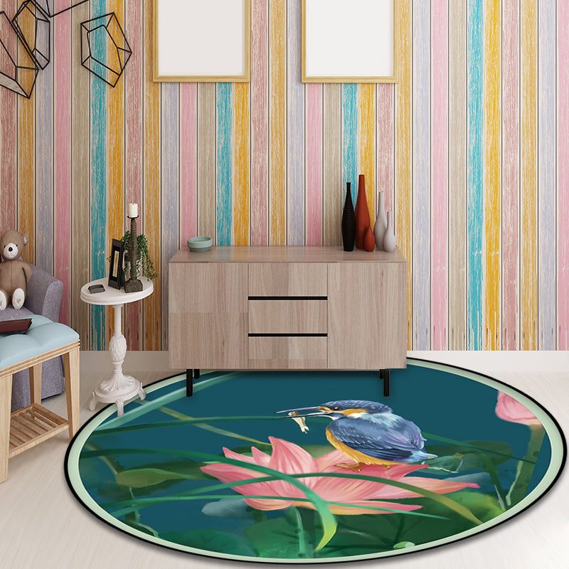 Stornfield | Vintage Lotus Pattern Rug with Birds and Leaves Machine Washable Anti-Slip Green Polyester Rug for Living Room
