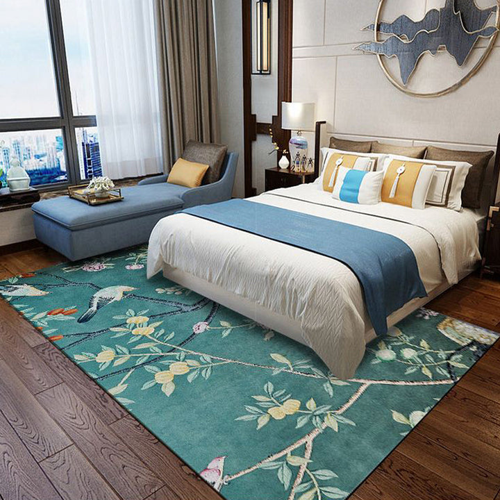 Stornfield | Retro Leaf Pattern Polyester Washable Non-Slip Backing Rug with Flowers and Birds, Oriental Rug for Bedroom