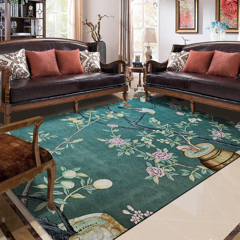 Stornfield | Retro Leaf Pattern Polyester Washable Non-Slip Backing Rug with Flowers and Birds, Oriental Rug for Bedroom