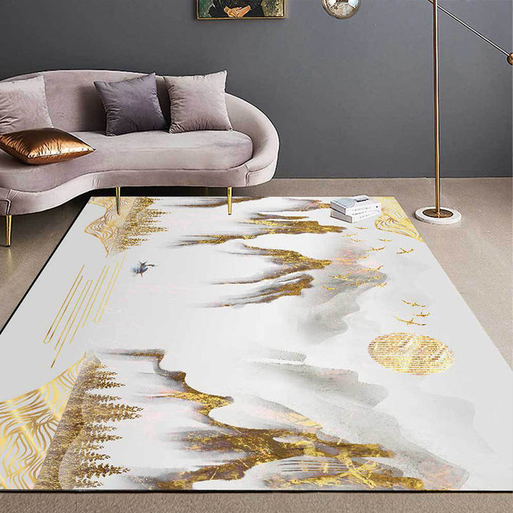 Stornfield | Retro Mountain Pattern Rug with Character and Bird Gold Oriental Rug Washable Polyester Non-Slip Back Area Rug for Living Room
