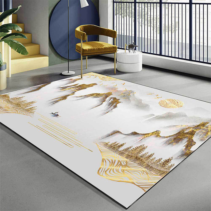 Stornfield | Retro Mountain Pattern Rug with Character and Bird Gold Oriental Rug Washable Polyester Non-Slip Back Area Rug for Living Room