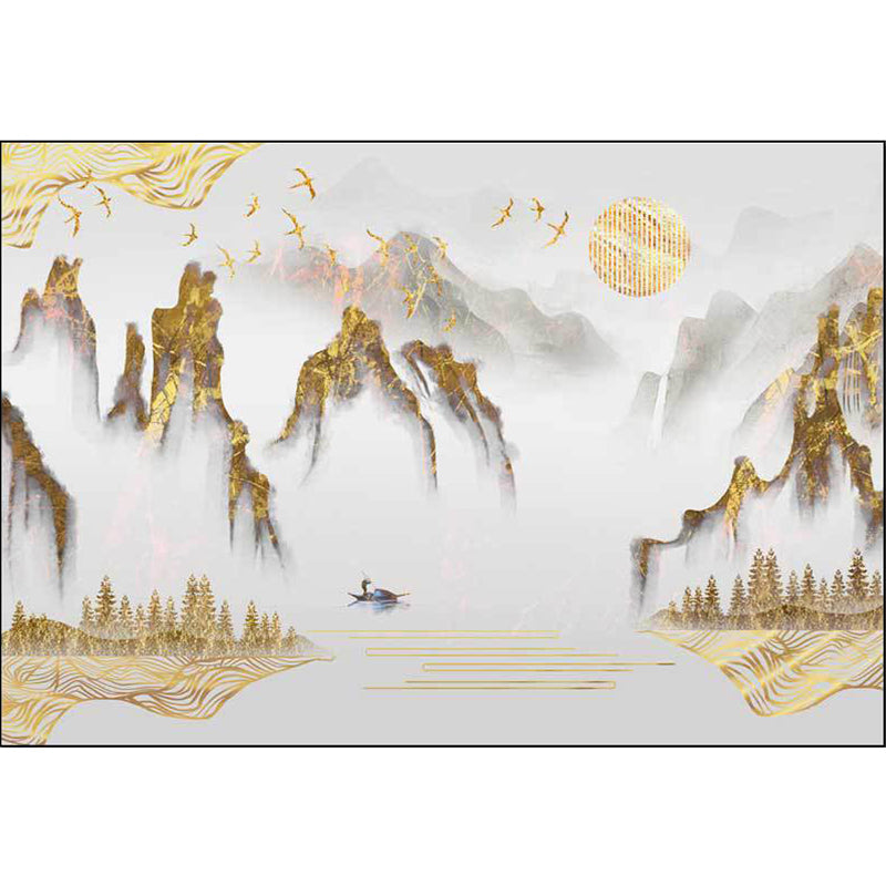 Stornfield | Retro Mountain Pattern Rug with Character and Bird Gold Oriental Rug Washable Polyester Non-Slip Back Area Rug for Living Room