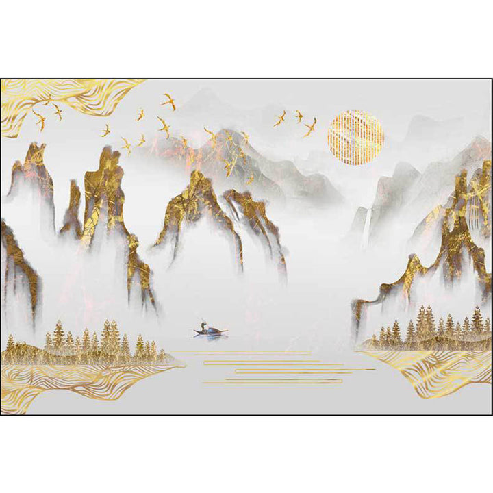 Stornfield | Retro Mountain Pattern Rug with Character and Bird Gold Oriental Rug Washable Polyester Non-Slip Back Area Rug for Living Room
