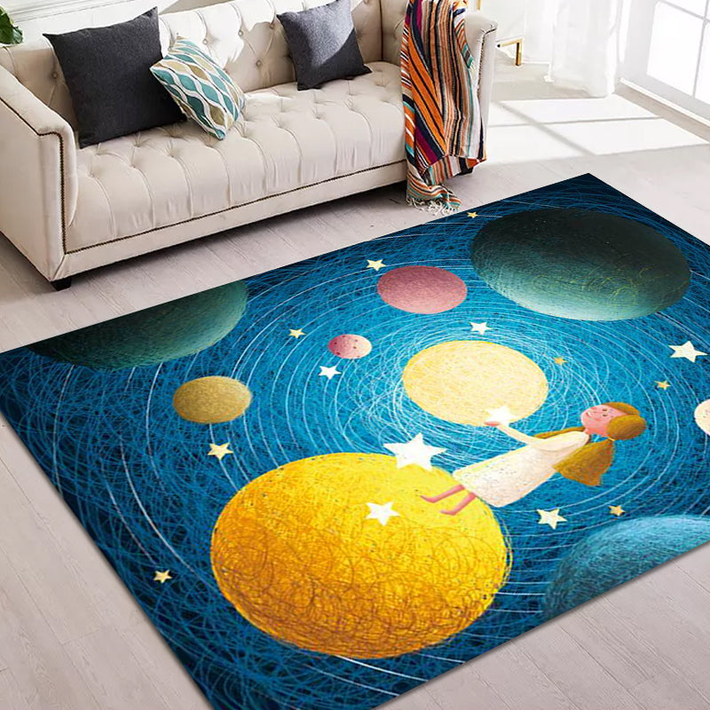 Stornfield | Beautiful blue children's rug with planet motifs in space, polyester, non-slip, washable, rug for the nursery