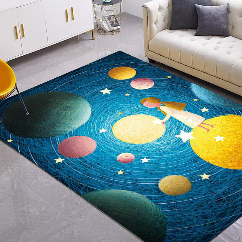 Stornfield | Beautiful blue children's rug with planet motifs in space, polyester, non-slip, washable, rug for the nursery
