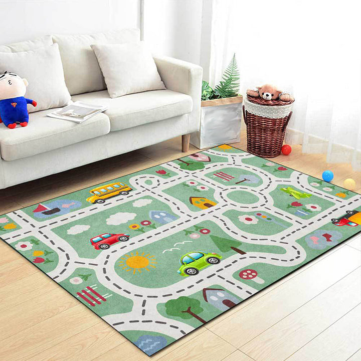 Stornfield | Beautiful green children's rug with cars and roads, a house, flowers, tree pattern, polyester, pet-friendly rug for the children's room