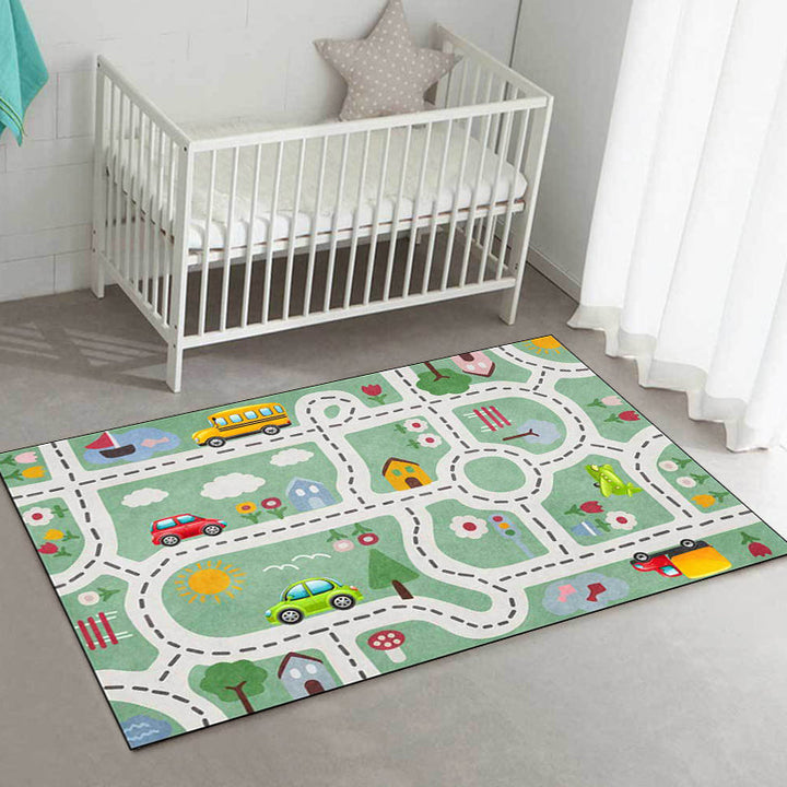 Stornfield | Beautiful green children's rug with cars and roads, a house, flowers, tree pattern, polyester, pet-friendly rug for the children's room